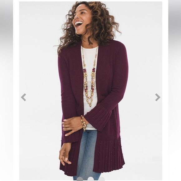 Chico’s Women’s Pleated Faux-Pearl Cardigan Burgundy Sz 3 (US/XL-16) Long Line - Picture 1 of 12